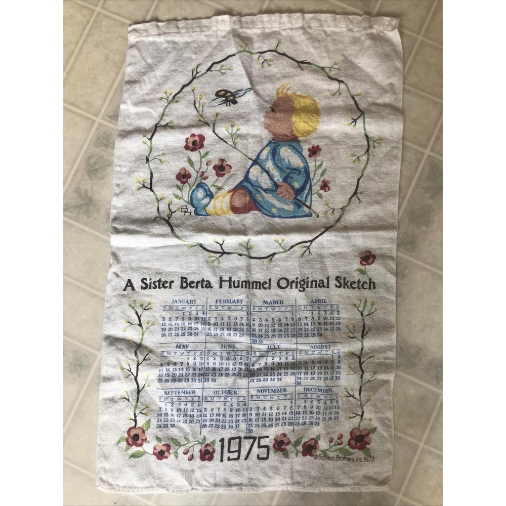 Vintage Sister Berta Hummel Linen Kitchen Towel Calendar 1975 The Bumble Bee